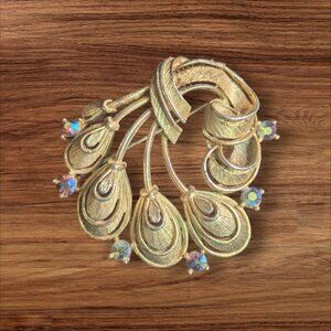 Vintage Lisner Gold-Tone Peacock Feather Brooch With Aurora Borealis Rhinestones